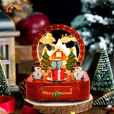 Caixa de música montada em madeira estilo Natal Hongda MB002 com luz
